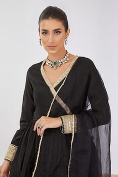 Black chanderi silk angarkha anarkali with placed thread sequin embroidery. Comes with pant and dupatta. - Aza Fashions V-neck Traditional Wear For Eid, Festive V-neck Kurta With Zari Work, Traditional V-neck Diwali Sets, Traditional V-neck Sets With Zari Work, V-neck Anarkali Set For Diwali, Festive Chanderi V-neck Kurta, Unstitched V-neck Festive Kurta, Unstitched V-neck Traditional Wear For Diwali, Semi-stitched Traditional Wear With V-neck