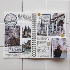 a page in a notebook with pictures and words on it, including an image of a fountain