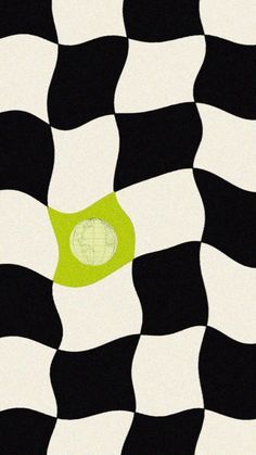 an abstract checkered pattern with a green ball in the middle and black and white stripes