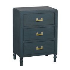 a blue nightstand with two drawers and gold pulls on the bottom, against a white background