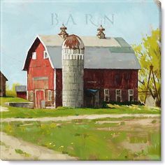 a painting of a red barn with a silo on the front and two barns in the back