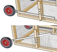 two views of the front and back sides of a chicken coop with wheels on each side