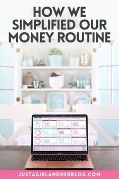 A laptop displays financial graphs and charts on a table. In the background, a white shelf holds decorative items and dishes. The text "How We Simplified Our Money Routine" is written above. Money Routine, Manage Finances, Money Saving Strategies, Managing Finances, Busy Mom, Save Time, Saving Money, Budgeting, Money