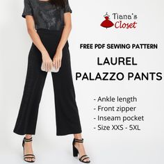 a woman in black pants with the text free sewing pattern laurel palazo pants