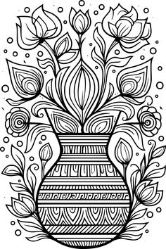 a black and white drawing of flowers in a vase