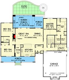 the first floor plan for this house shows the living area and kitchen, as well as the