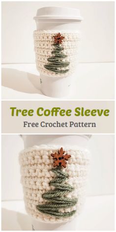 the coffee cup cozys are crocheted and decorated with christmas tree decorations on them