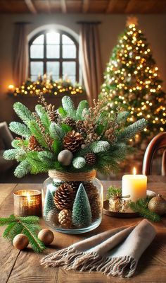 a christmas centerpiece with pine cones, evergreens and candles on a wooden table