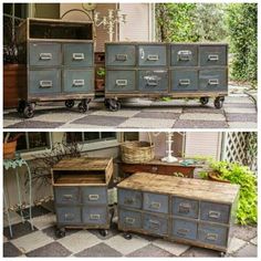 an old dresser is turned into a coffee table with wheels and drawers on it's sides