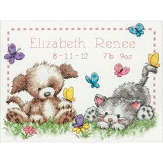 a cross stitch pattern with two bears and a cat on the grass in front of butterflies