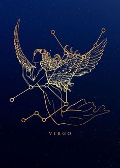 the virgo logo on a dark blue background with gold lines and an image of a winged angel