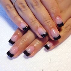 Black Glitter Tip Nails, French Manicure With Glitter, Manicure With Glitter, French Fade Nails, Black French Manicure, French Manicure Nail Designs, Black French Nails, Glitter Tip Nails, Gel Nails French