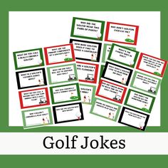 the golf joke cards are stacked on top of each other, with green and red text