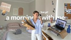 a woman standing in front of a laptop computer on top of a white desk next to a bed