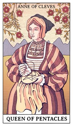 the queen of pentacles is depicted in this taroti style card game