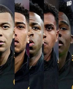 four different shots of the same soccer player in black and gold uniforms, one with his mouth open