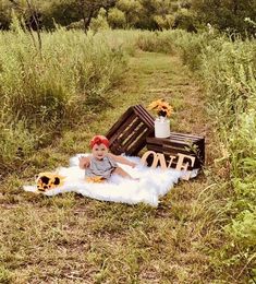 a baby sitting on top of a blanket in the grass