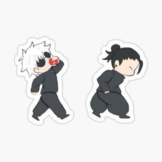 two stickers with the same character in different poses, one is holding an apple