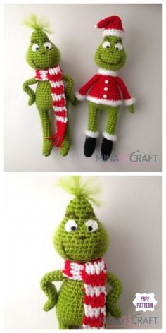 two crocheted stuffed animals dressed in christmas outfits, one is green and the other is red