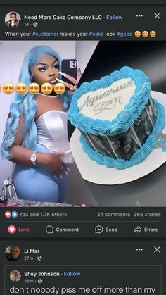 a woman with blue hair standing in front of a cake that reads, i need more cake company llc follow