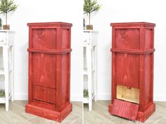 two side by side images of a red cabinet and a white shelf with plants in it