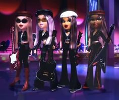 three dolls are dressed in black and one is holding a guitar while the other two are singing