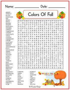 the fall word search is shown in this printable activity sheet for children to learn