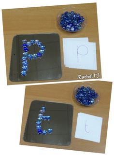 the letter p is made up of beads and plastic wrappers to make it look like they are floating in water