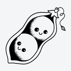 two peas with faces drawn in black and white