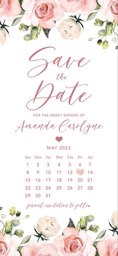 save the date card with pink roses and greenery