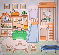 a child's playroom with toys and furniture