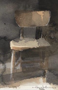 a painting of a chair sitting in front of a wall