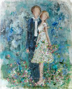 a painting of two people standing next to each other in front of flowers and birds