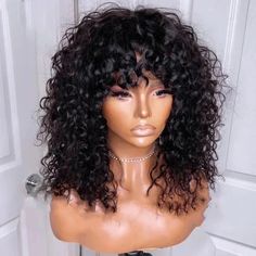 (3-4Days)+Glueless+Curly+Human+Hair+Wigs+Machine+Made+Wig+With+Bangs++200%+Density