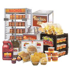 various foodstuffs and condiments are displayed