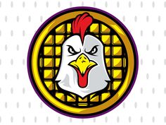 a chicken with a red head and yellow beak in a circle on a white background