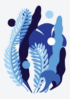 an abstract blue and white design with leaves