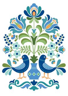 two birds sitting on top of a vase with flowers in the middle and leaves around it