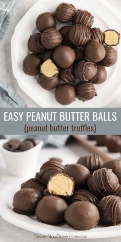 chocolate peanut butter balls on a white plate with text overlay that says easy peanut butter balls