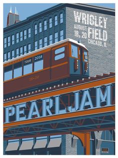 a train is going over a bridge with the words pearl jam on it