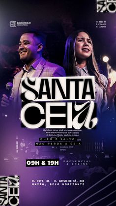 an event poster for santa cez with two people on the stage and one person holding a microphone