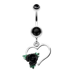 a black rose is attached to a heart shaped navel bar with an open end