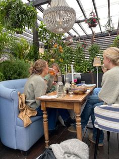 two women sitting at a table in a greenhouse