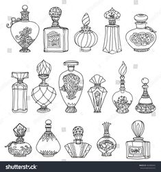 hand drawn set of different types of perfume bottles in black and white, isolated on a white background