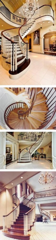 the inside and outside of a house with stairs, chandelier and staircases