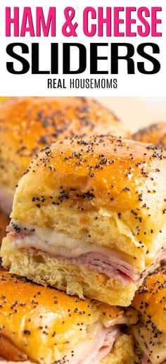 Close up of ham and cheese sliders in a pile. Ham and melted cheese on a small bun with poppy seeds. Hawaiian Ham And Cheese Sliders, Savory Butter, Hawaiian Ham, Ham Cheese Sliders, Ham And Cheese Sliders, Ham And Swiss, Cheese Sliders, Butter Glaze