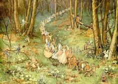 an image of a fairy scene in the woods with many people walking through the woods