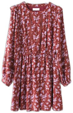 Long Sleeve Floral Dress For Casual Occasions, Mid-length Ditsy Floral Dress For Brunch, Casual Flowy Ditsy Floral Dress, Modest Flowy Floral Midi Dress, Flowy Ditsy Floral Print Dress For Casual Wear, Flowy Ditsy Floral Print Dress For Casual Occasions, Feminine Knee-length Smocked Dress With Floral Print, Fall Midi Dress With Ruffle Hem For Garden Party, Bohemian Dress With Elastic Sleeves For Brunch