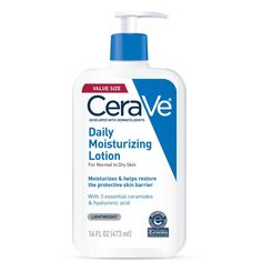 Developed with dermatologists, CeraVe Daily Moisturizing Lotion for Face and Body has a unique, lightweight formula that provides 24-hour hydration and helps restore the protective skin barrier with three essential ceramides (1,3,6-II). The formula also contains hyaluronic acid to help retain skin's natural moisture.The daily moisturizing lotion utilizes patented MVE controlled-release technology to help replenish ceramides and deliver long lasting moisturization. #1 Dermatologist Recommended Mo Cerave Face Lotion, Skin Care Cerave Acne, Moisturizer Cerave, Lotion Cerave, Cerave Daily Moisturizing Lotion, Cerave Products, Cerave Moisturizer, Cerave Moisturizing Lotion, Dry Skin Body Lotion