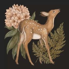 a painting of a deer and flowers on a black background